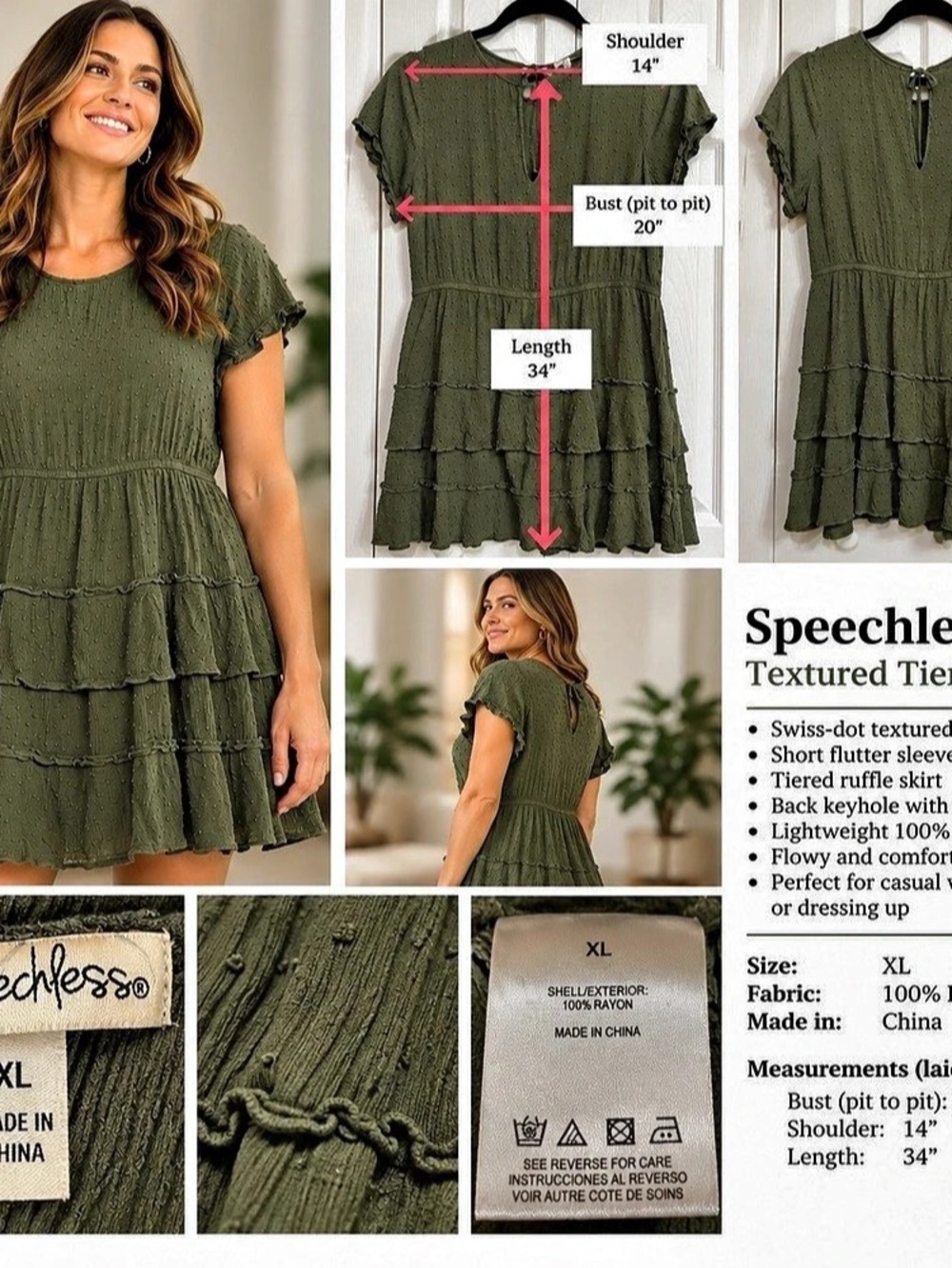 Speechless Textured Tiered Dress in Green Size XL Like New #174